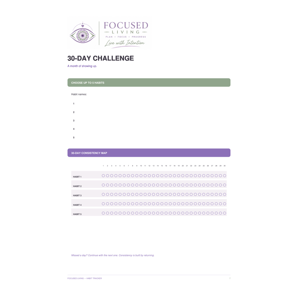 Focused Living Habit Planner 30-day consistency challenge