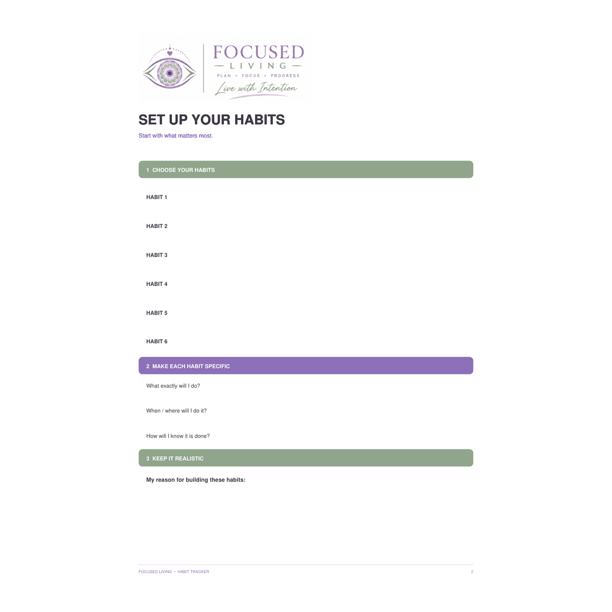 Focused Living Habit Planner habit setup page